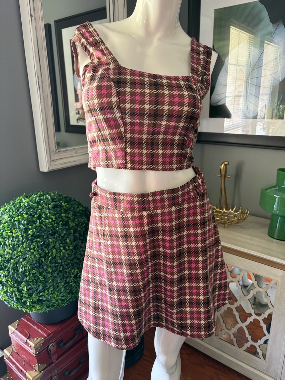 Pink and Brown Plaid Two-Piece Skirt Set